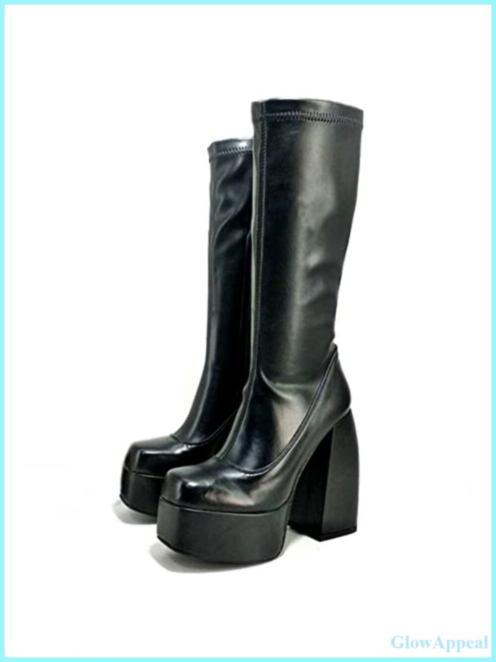 Women's Chunky High Heel Square Toe Ankle Boots PU Leather Stretch Platform